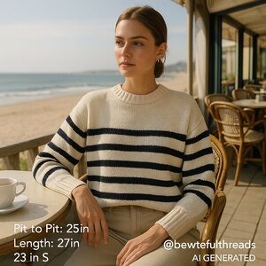 ZARA Striped Cotton Knit Sweater Cream & Navy | Size M